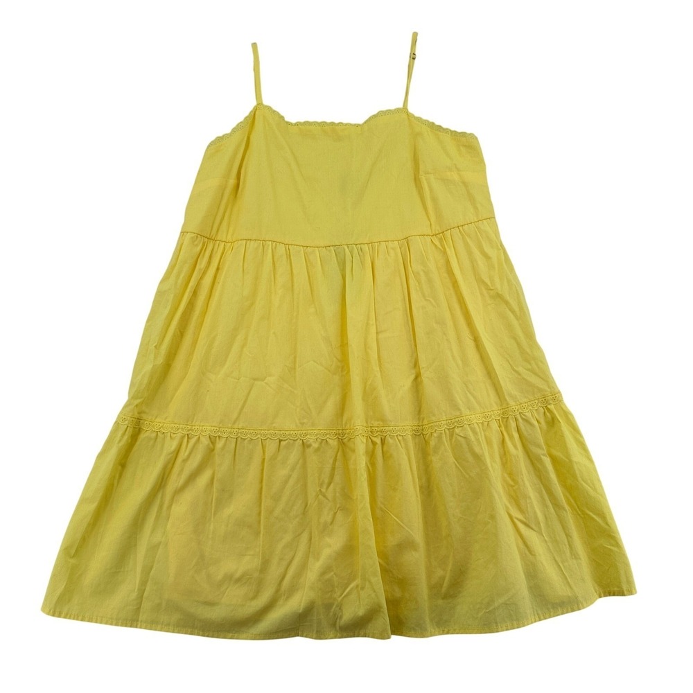 Yellow Tiered Womens Medium Mini Dress Eyelet Lace Trim Sleeveless Wild Fable
